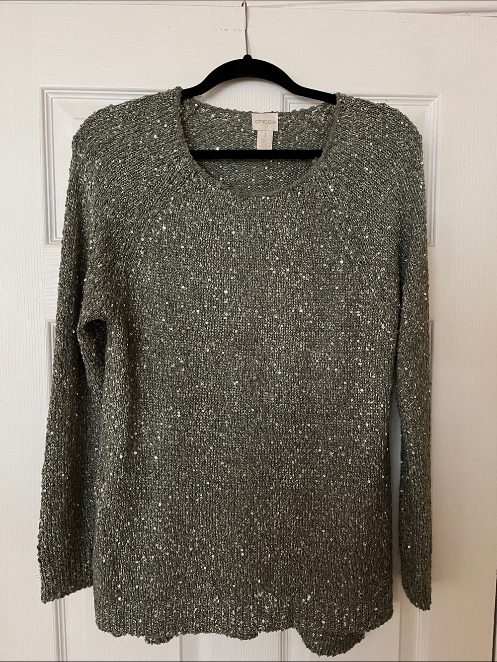 Chico's Olive Sequin Crewneck Sweater